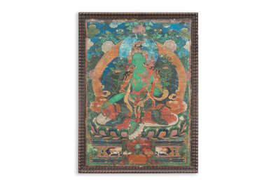 Thangka figurant Tara Verte, Tibet, 17&egrave;me