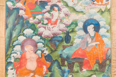 Een thangka met Luohan omringd met godheden, Tibet, 17/18e eeuw