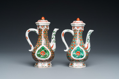 Two Chinese famille verte ewers and covers, Kangxi