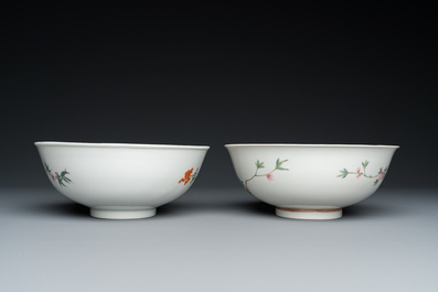 Two Chinese famille rose 'magpie and peaches' bowls, Xuantong marks but probably Republic