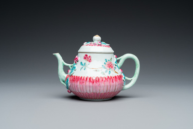 A Chinese famille rose 'lotus' teapot and cover, Yongzheng