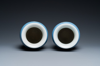 A pair of Chinese famille rose lavender-blue-ground vases, Qianlong mark, Republic