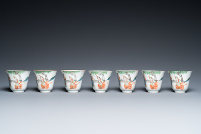 Sept tasses et huit soucoupes en porcelaine de Chine famille rose, marque et &eacute;poque de Tongzhi