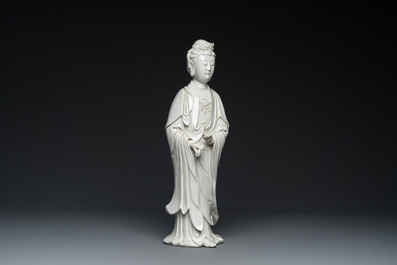 A tall Chinese Dehua blanc de Chine Guanyin, seal mark, Qing