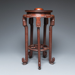 A large Chinese tripod censer on wooden base and display stand, Qing