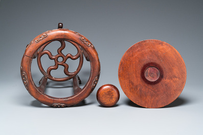 A large Chinese tripod censer on wooden base and display stand, Qing