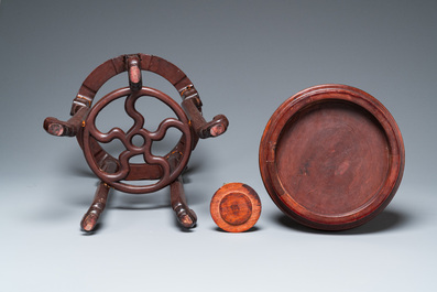 A large Chinese tripod censer on wooden base and display stand, Qing