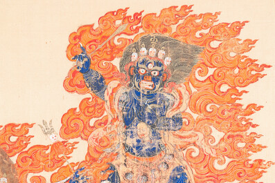 Een thangka op zijde met Mahakala, Tibet, 19e eeuw