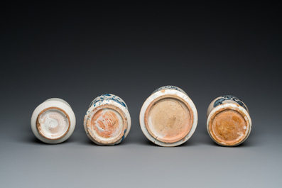 Four various blue and white albarelli or drug jars, Spain and Italy, 17/18th  C.