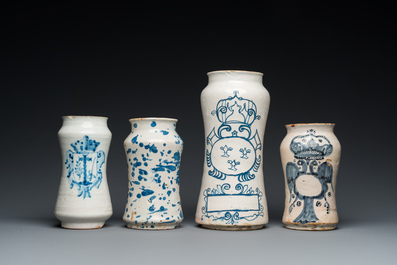 Four various blue and white albarelli or drug jars, Spain and Italy, 17/18th  C.