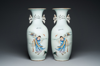 A pair of Chinese famille rose vases with two-sided design, 19/20th C.