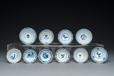 Ten Chinese blue and white cups and saucers, Kangxi