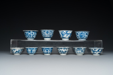 Ten Chinese blue and white cups and saucers, Kangxi