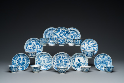 Ten Chinese blue and white cups and saucers, Kangxi