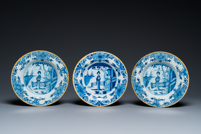 Five Dutch Delft blue and white plates, 18th C.