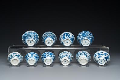 Ten Chinese blue and white cups and saucers, Kangxi