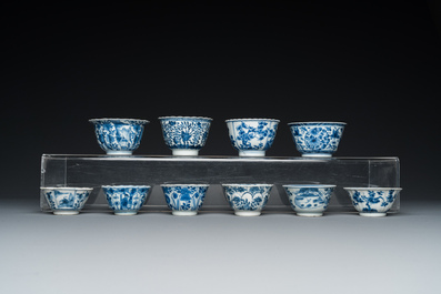 Ten Chinese blue and white cups and saucers, Kangxi