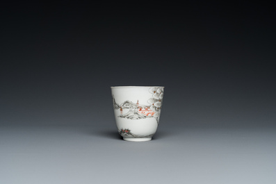 A Chinese famille rose 'erotical subject' cup and saucer, Yongzheng/Qianlong