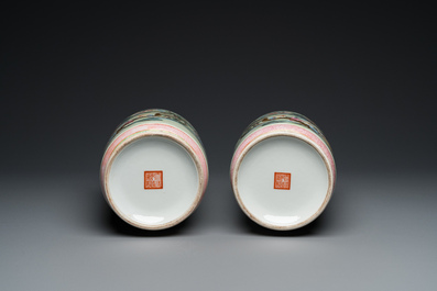 A pair of fine Chinese famille rose rouleau vases, Qianlong mark, Republic