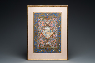 Qajar school, miniatuur: 'Koppel met bedelaar', met goud opgehoogde opake pigmenten op papier, 19e eeuw