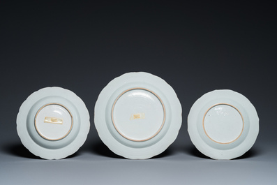 Three Chinese famille rose dishes and two plates with floral design, Qianlong