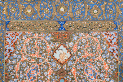 Qajar school, miniatuur: 'Koppel met bedelaar', met goud opgehoogde opake pigmenten op papier, 19e eeuw
