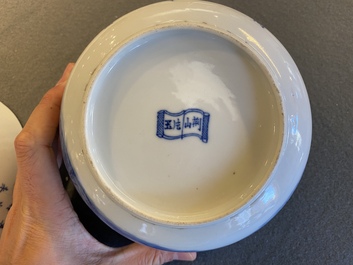 Three Chinese blue and white 'Bleu de Hue' bowls and two dishes for the Vietnamese market, 19th C.