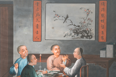 Ecole de Canton, Chine, 19&egrave;me: 'Int&eacute;rieur anim&eacute;', gouache sur papier