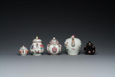 Five Chinese famille rose and Imari-style teapots and covers, Yongzheng/Qianlong