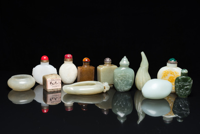 Nine Chinese jade snuff bottles, two brush washers and a seal, Qing and Republic