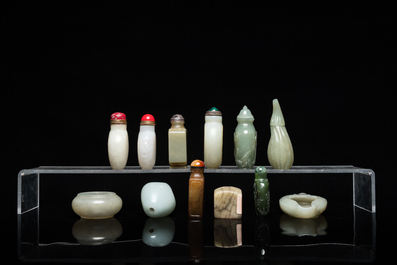 Nine Chinese jade snuff bottles, two brush washers and a seal, Qing and Republic