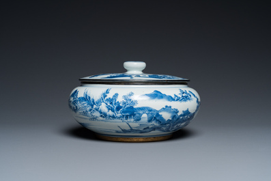 A Chinese silver-mounted blue and white 'Bleu de Hue' bowl and cover for the Vietnamese market, 19th C.