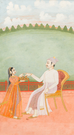 Ecole indienne, deux miniatures: 'Portrait du prince Murad Bakhsh' et 'Sc&egrave;ne d'une Ragamala', 18/19&egrave;me