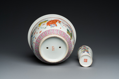 A Chinese famille rose 'Wu Shuang Pu' vase and a 'Buddhist lions' jardini&egrave;re, Republic