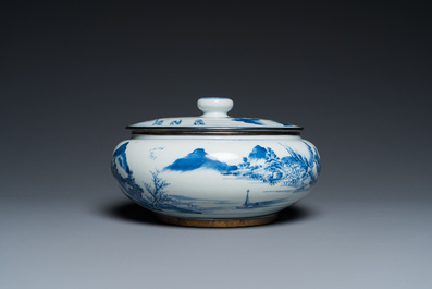 A Chinese silver-mounted blue and white 'Bleu de Hue' bowl and cover for the Vietnamese market, 19th C.