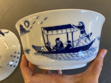 Three Chinese blue and white 'Bleu de Hue' bowls and two dishes for the Vietnamese market, 19th C.