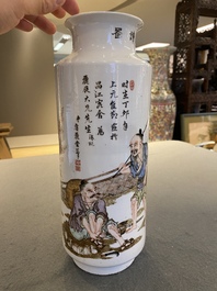 Vase de forme rouleau en porcelaine de Chine qianjiang cai, sign&eacute; Zhan Litang 詹麗堂, dat&eacute; 1867