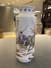 Vase de forme rouleau en porcelaine de Chine qianjiang cai, sign&eacute; Zhan Litang 詹麗堂, dat&eacute; 1867