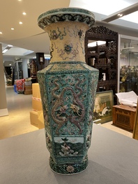 A Chinese hexagonal verte biscuit vase with applied dragon design, 19/20th C.