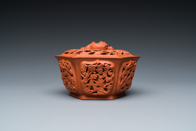 A Chinese Yixing stoneware reticulated hexagonal bowl and cover, Kangxi