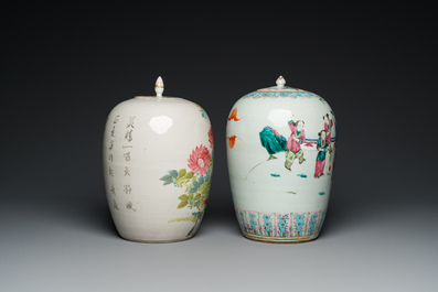 Twee Chinese qianjiang cai en famille rose dekselpotten, 19e eeuw