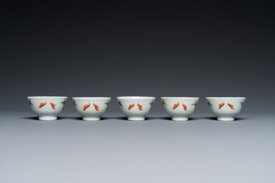 Five Chinese famille rose 'nine peaches' bowls and a balsam pear plate, Ju Ren Tang 居仁堂製 mark, 19/20th C.