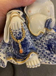 A Chinese blue and white seated Buddha, You Lin Ji Zao 游林記造 mark, Republic