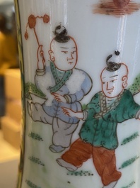 A Chinese famille verte bottle vase, Kangxi mark, 19/20th C.