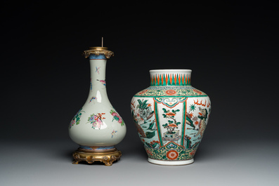 Un vase en porcelaine de Chine famille verte et un en famille rose sur fond c&eacute;ladon mont&eacute; en lampe, 19&egrave;me