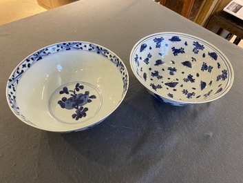 Two Chinese blue and white bowls with cranes, deer and ducks, Wanli