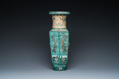 A Chinese hexagonal verte biscuit vase with applied dragon design, 19/20th C.