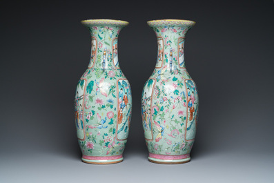 A pair of Chinese famille rose celadon-ground vases, 19th C.