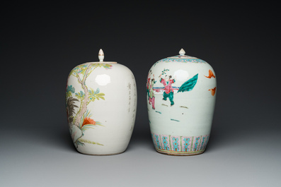 Deux pots couverts en porcelaine de Chine famille rose et qianjiang cai, 19&egrave;me