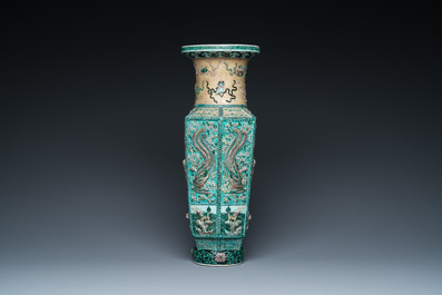 A Chinese hexagonal verte biscuit vase with applied dragon design, 19/20th C.